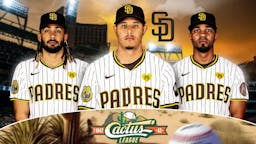 Fernando Tatis Jr. Manny Machado, Xander Bogaerts all together with Padres logo in the background. Cactus League logo in front.