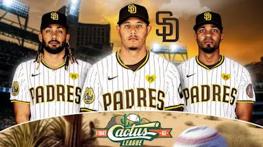 Fernando Tatis Jr. Manny Machado, Xander Bogaerts all together with Padres logo in the background. Cactus League logo in front.