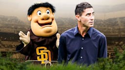 AJ Preller (Padres GM) with laser eyes, add Padres mascot