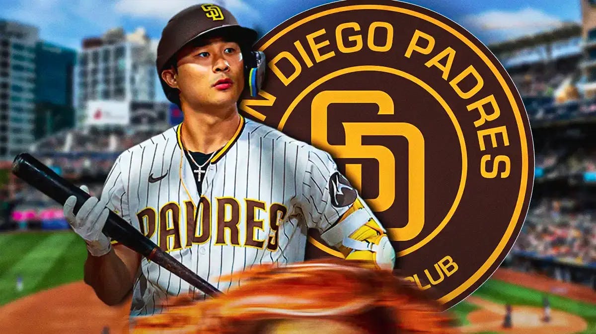 Ha Seong-Kim next to a Padres logo in front of Petco Park