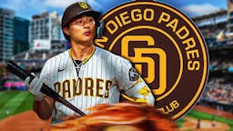 Ha Seong-Kim next to a Padres logo in front of Petco Park