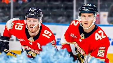 Photo: Matthew Tkachuk, Gustav Forsling both in action in Panthers jerseys