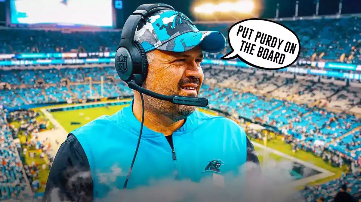 Matt Rhule in Panthers clothes saying Put Purdy on the board