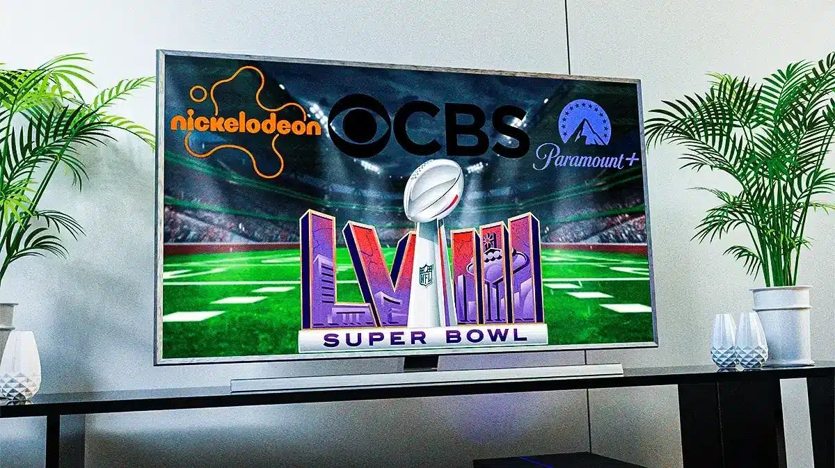 Super Bowl LVIII logo with TV in the background and logos of Nickelodeon, CBS, and Paramount+.