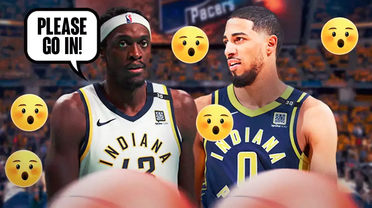 Tyrese Haliburton on one side, Pascal Siakam on the other side with a speech bubble that says “Please go in!”, a bunch of shocked emojis in the background