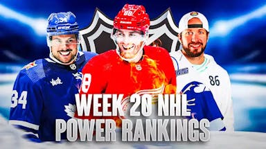Patrick Kane in middle of image looking happy with fire around him, Auston Matthews on one side of image looking happy, Nikita Kucherov on other side looking happy, NHL logo Week 20 NHL Power Rankings