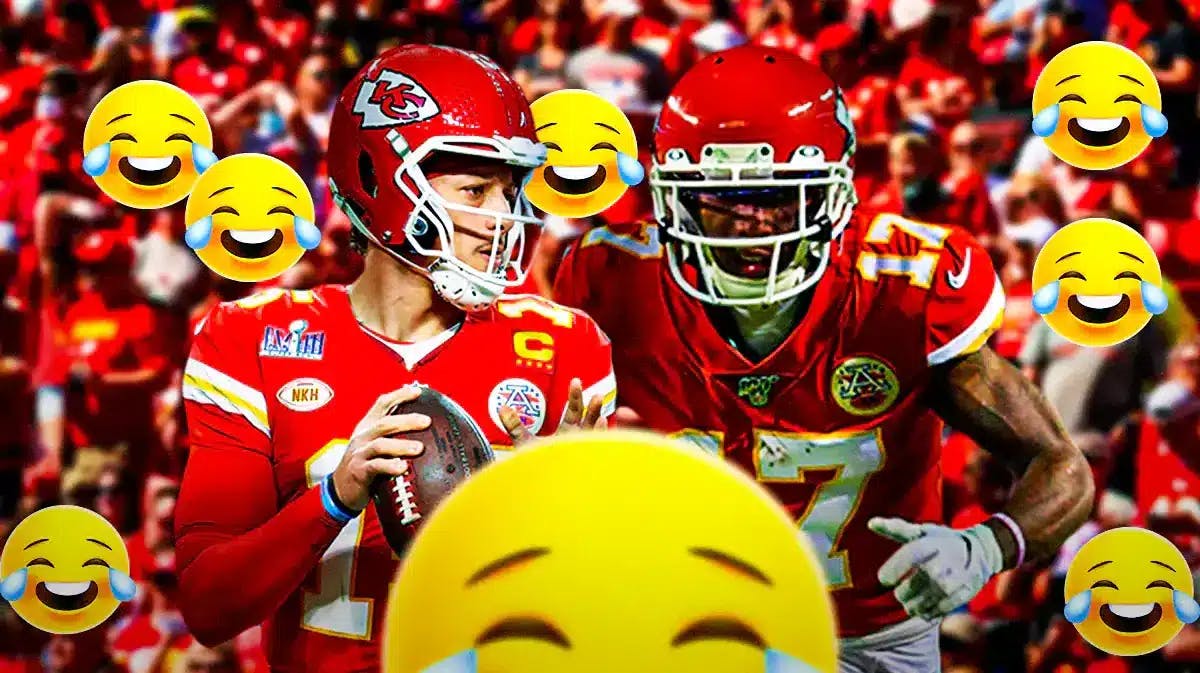 Patrick Mahomes and Mecole Hardman on one side, a bunch of Kansas City Chiefs fans on the other side with crying laughing emojis over their faces