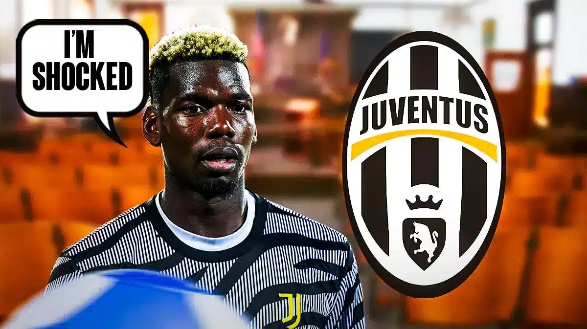 Paul Pogba saying: ‘I’m shocked’ in a courthouse, the Juventus logo on the wall