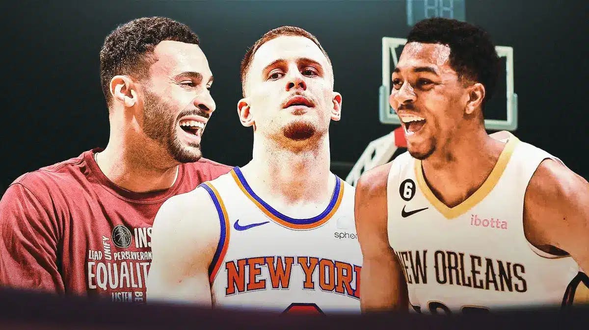 Larry Nance Jr with Pelicans teammate Trey Murphy III and Knicks Donte DiVincenzo