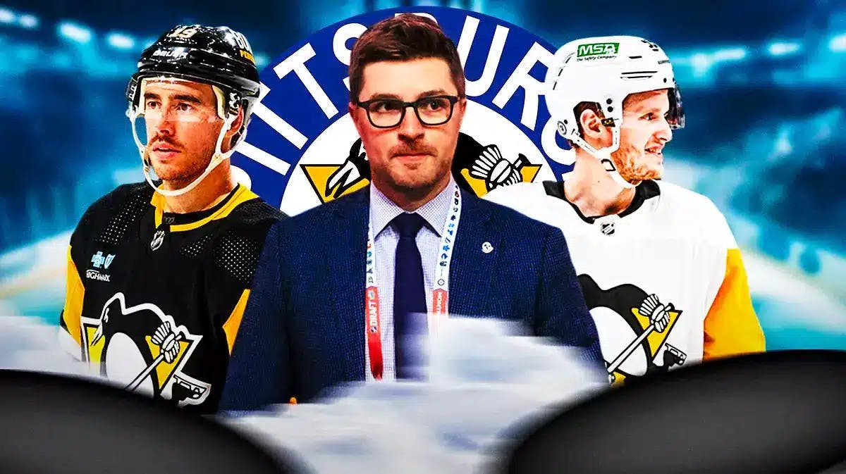 Kyle Dubas in middle of image looking stern, Jake Guentzel and Reilly Smith on either side, 3-5 question marks, PIT Penguins logo, hockey rink in background