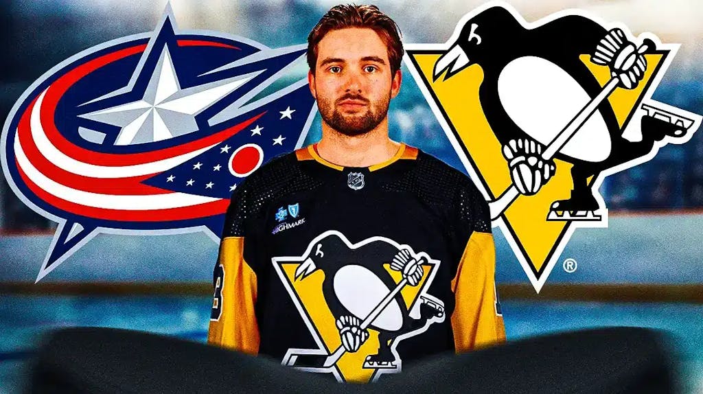 Emil Benstrom in middle of image in a Penguins jersey, Penguins and Blue Jackets logos, hockey rink in background
