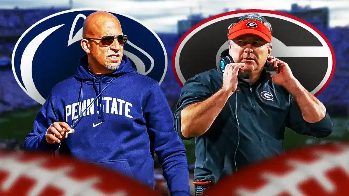 Photo: James Franklin and Kirby Smart with Penn State and Georgia logos behind them