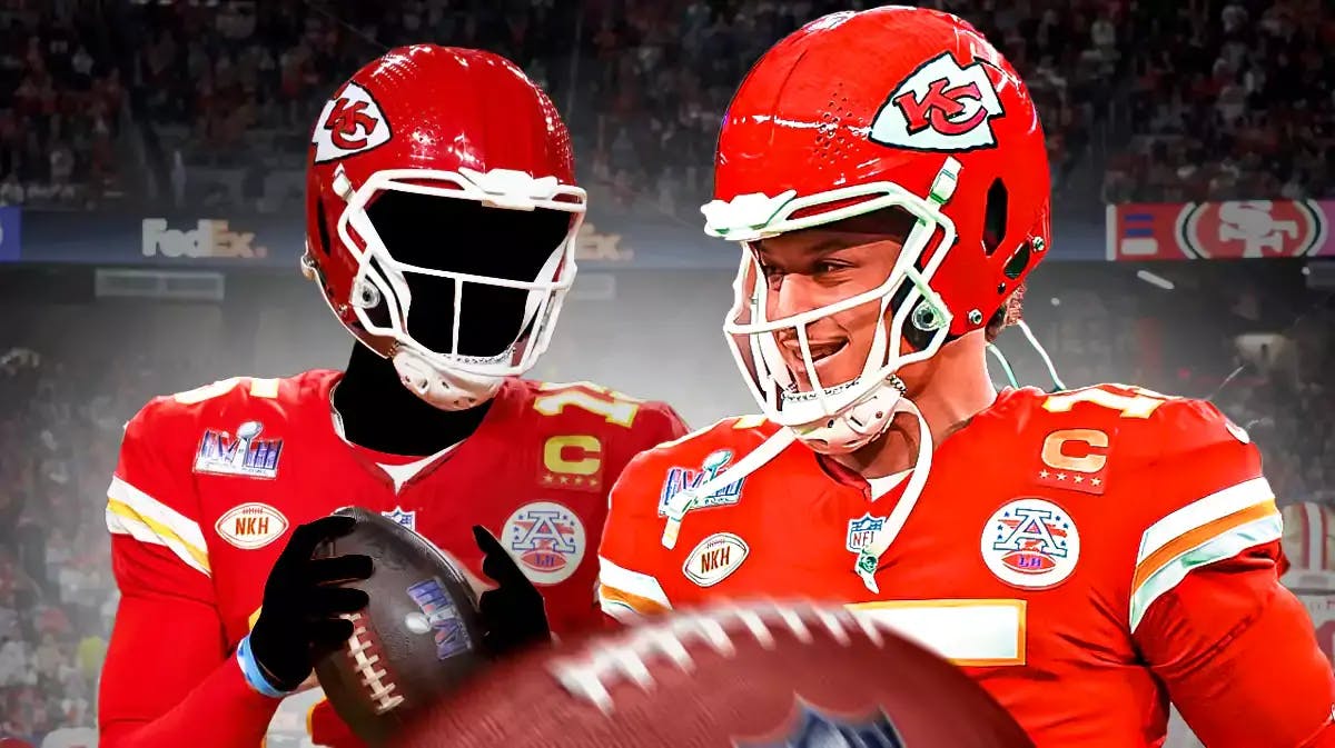 Patrick Mahomes looking happy. Add mystery player in Chiefs jersey