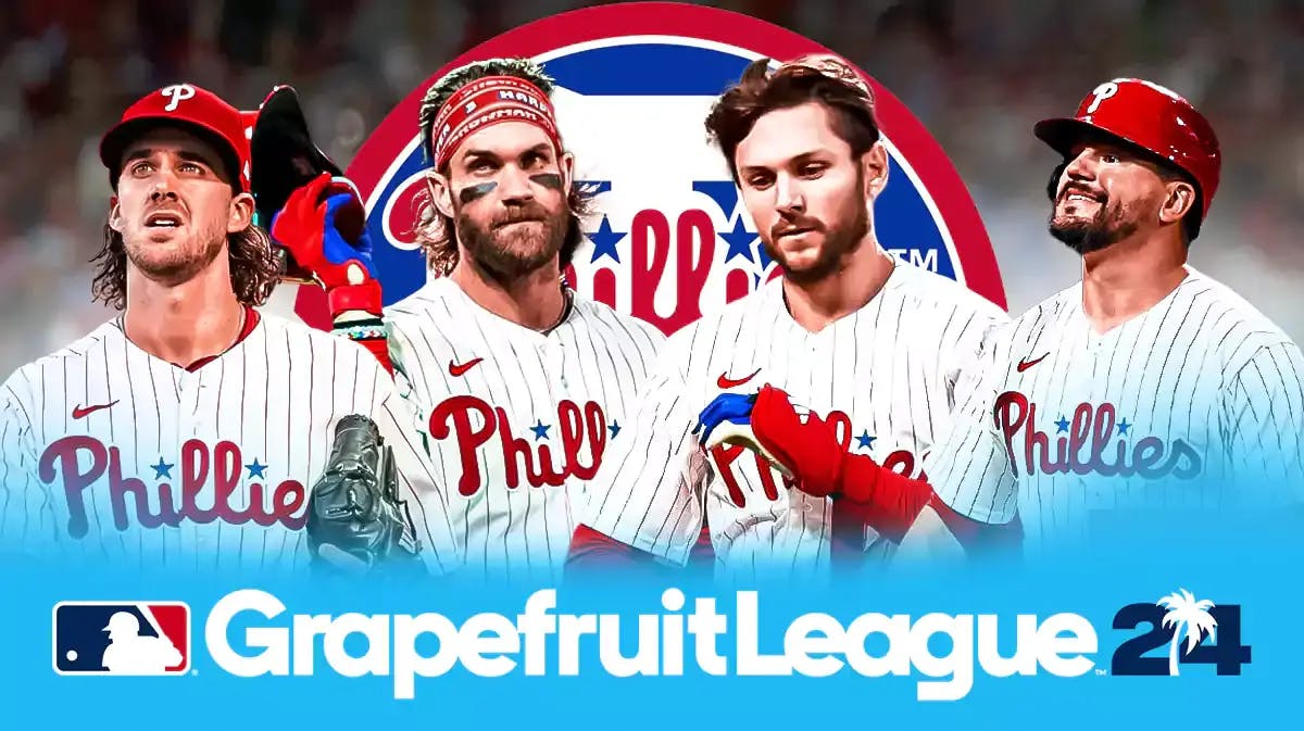 Aaron Nola, Bryce Harper, Trea Turner, Kyle Schwarber all together with Phillies logo in the background and Grapefruit League in the front.