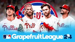 Aaron Nola, Bryce Harper, Trea Turner, Kyle Schwarber all together with Phillies logo in the background and Grapefruit League in the front.