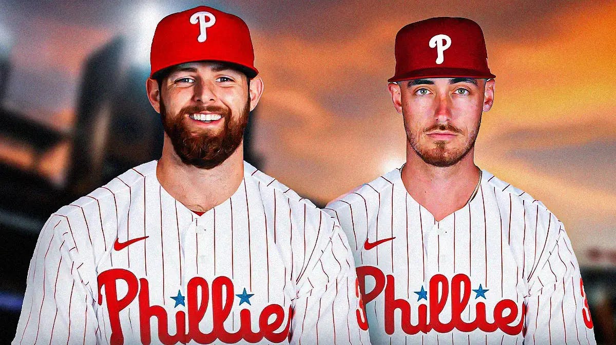 MLB players Jordan Montgomery and Cody Bellinger in Philadelphia Phillies uniforms.