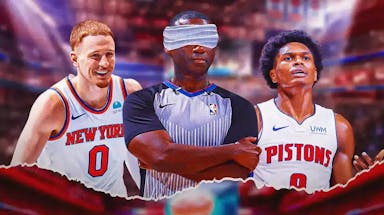 NBA referee James Williams with a blindfold on him, with Knicks' Donte DiVincenzo smiling and Pistons' Ausar Thompson angry