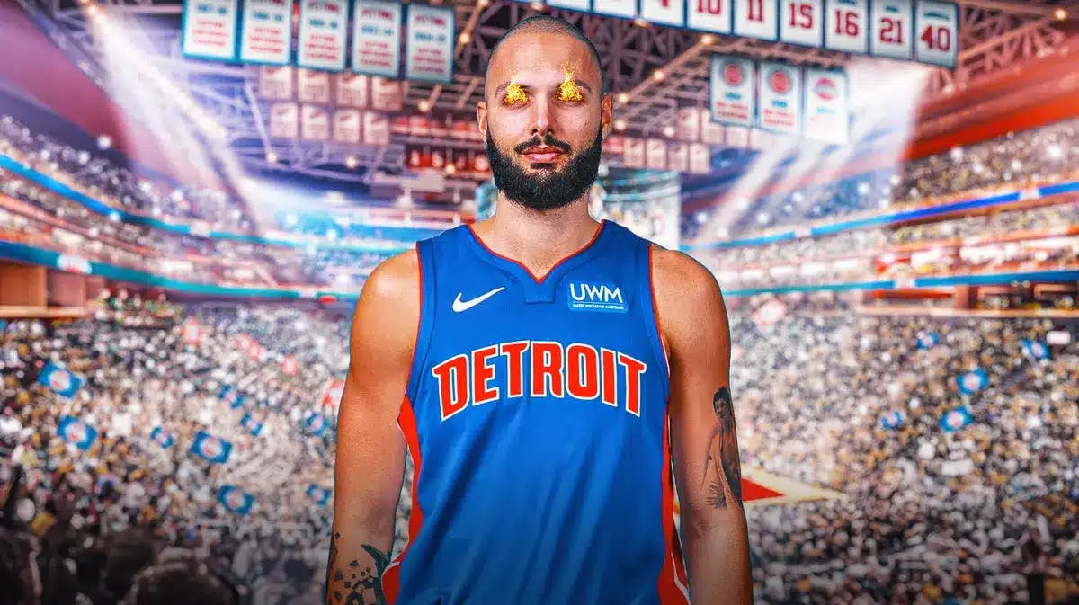 Evan Fournier in Pistons jersey with fire in his eyes