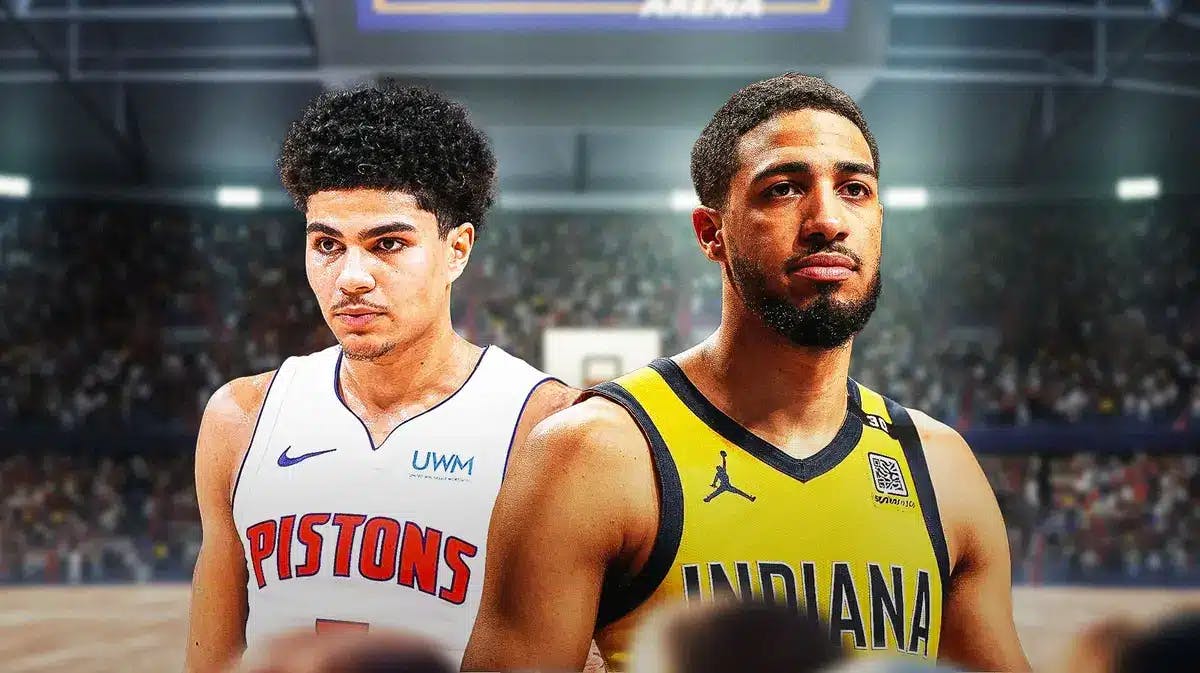 Pistons' Killian Hayes stands next to Pacers' Tyrese Haliburton after 2024 NBA trade deadline