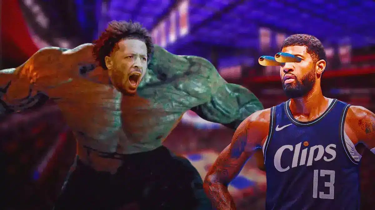 Pistons' Cade Cunningham as Hulk. Paul George with his eyes popping out