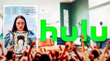 Poor Things poster and Hulu logo.