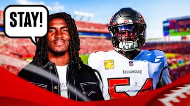 Rachaad White with speech bubble “STAY!” to Lavonte David with Buccaneers background.