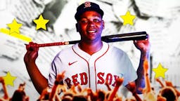 A newspaper as the background, Rafael Devers on one side, a bunch of Boston Red Sox fans on the other side with stars in their eyes