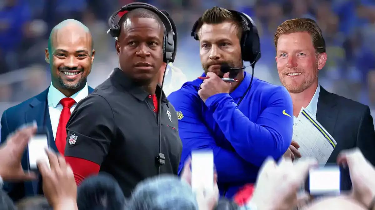 Falcons coach Raheem Morris looking at Terry Fontenot with Sean McVay and Les Snead.