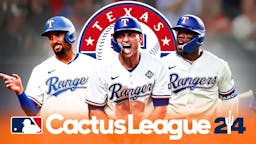 Marcus Semien, Corey Seager, Adolis Garcia all together with Rangers logo in the background and the Cactus League logo in front.