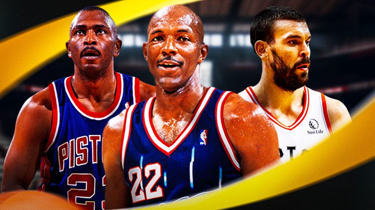 Mark Aguirre in a Pistons jersey, Clyde Drexler in a Rockets jersey and Marc Gasol in a Raptors jersey.