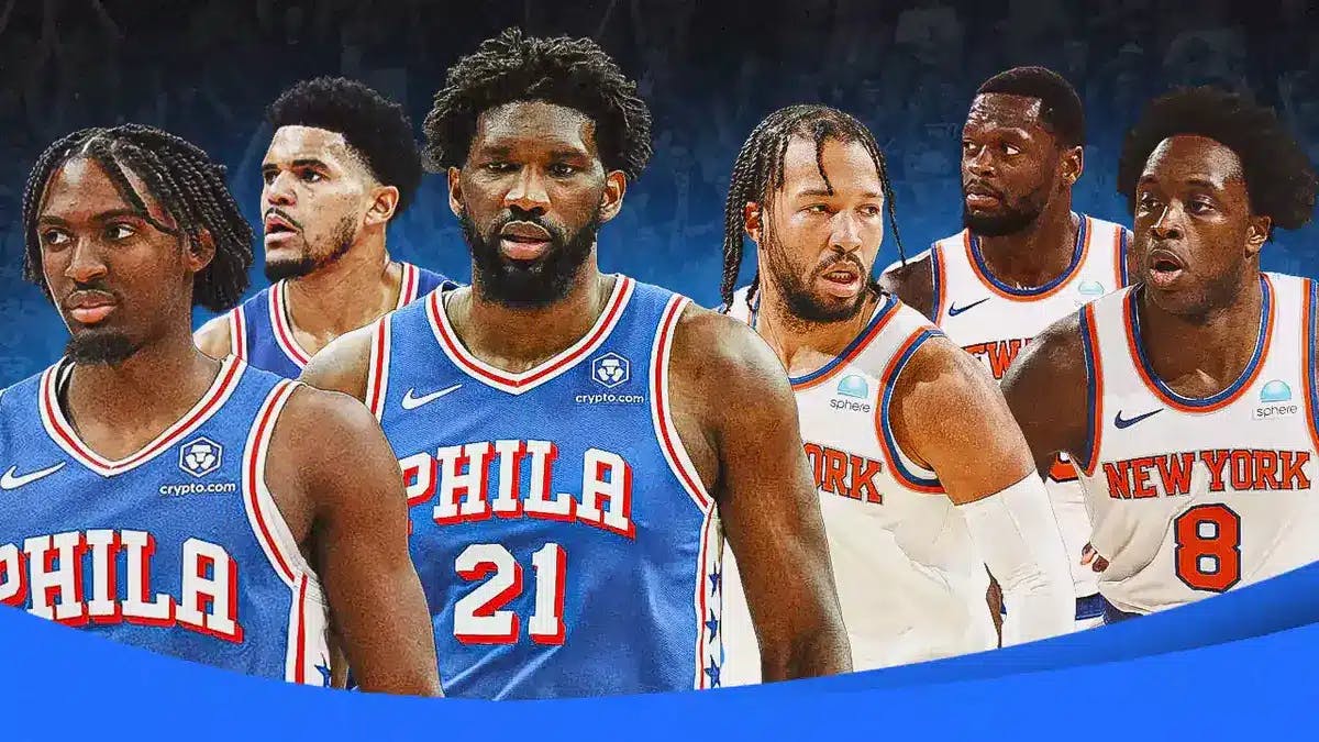 76ers Joel Embiid, Tyrese Maxey and Tobias Harris next to Knicks Jalen Brunson, Julius Randle and OG Anunoby