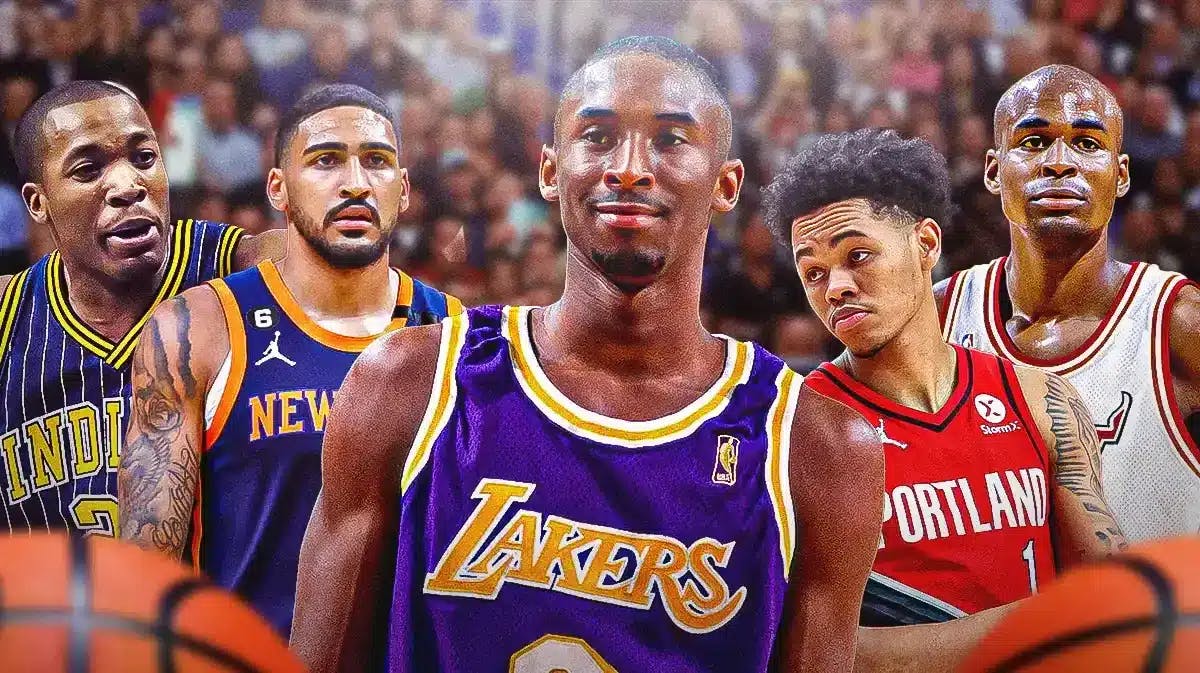 Harold Miner(Heat), Obi Toppin (Knicks), Anfernee Simons (Trail Blazers), Kobe Bryant (Lakers and a rookie version of himself), and Fred Jones (Pacers) all together
