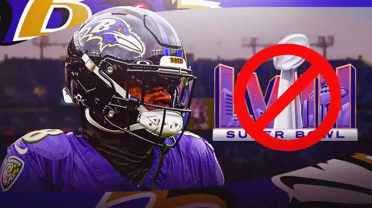 Baltimore Ravens QB Lamar Jackson and a Super Bowl 58 logo with a circle and red line through it