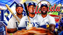 Harold Ramirez, Yandy Diaz, Randy Arozarena all together with Rays logo in the background and Grapefruit logo in front.