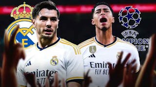 Brahim Diaz and Jude Bellingham in front of the Real Madrid and Champions League logos