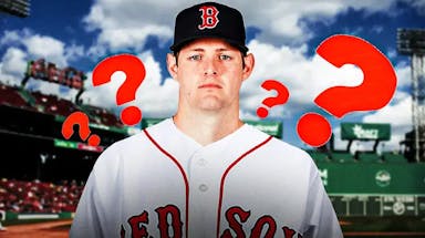 On left, Jordan Montgomery in a Red Sox uniform. On right, question mark. Fenway Park background.