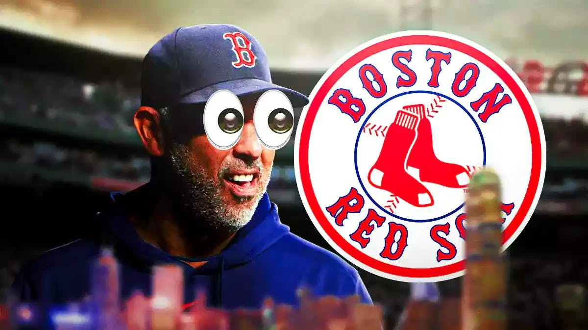 Alex Cora with emoji eyes in his eyes next to a Red Sox logo at Fenway Park