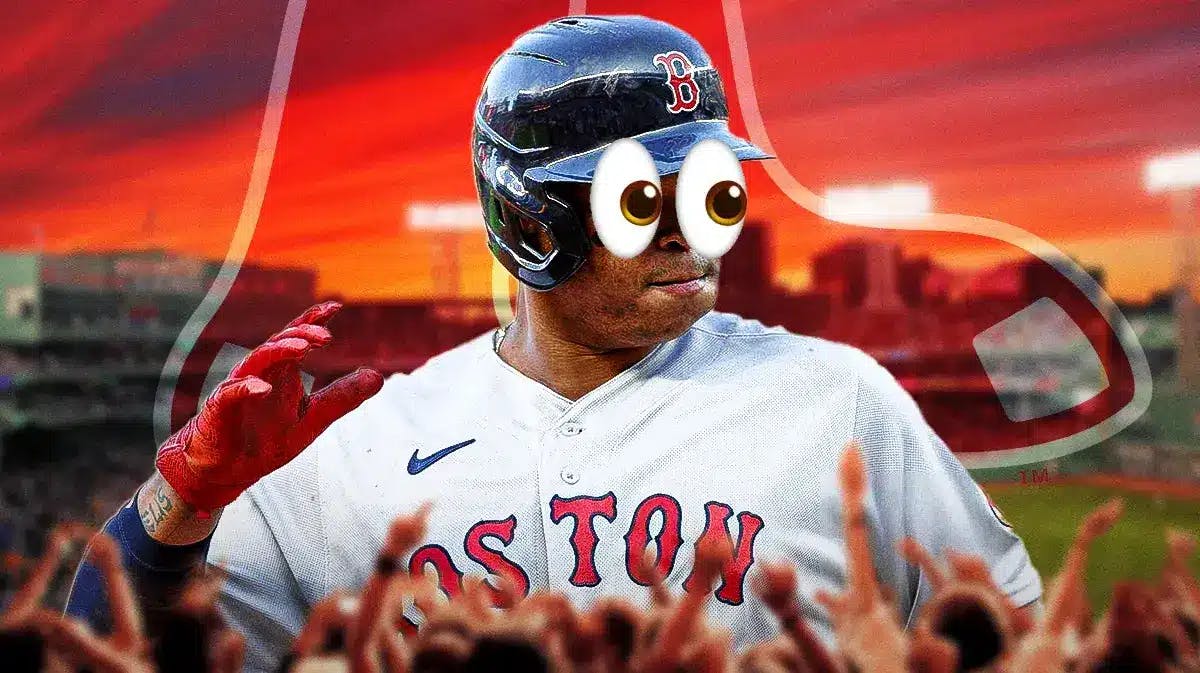 Rafael Devers with emoji eyes in his eyes in front of a Red Sox logo at Fenway Park