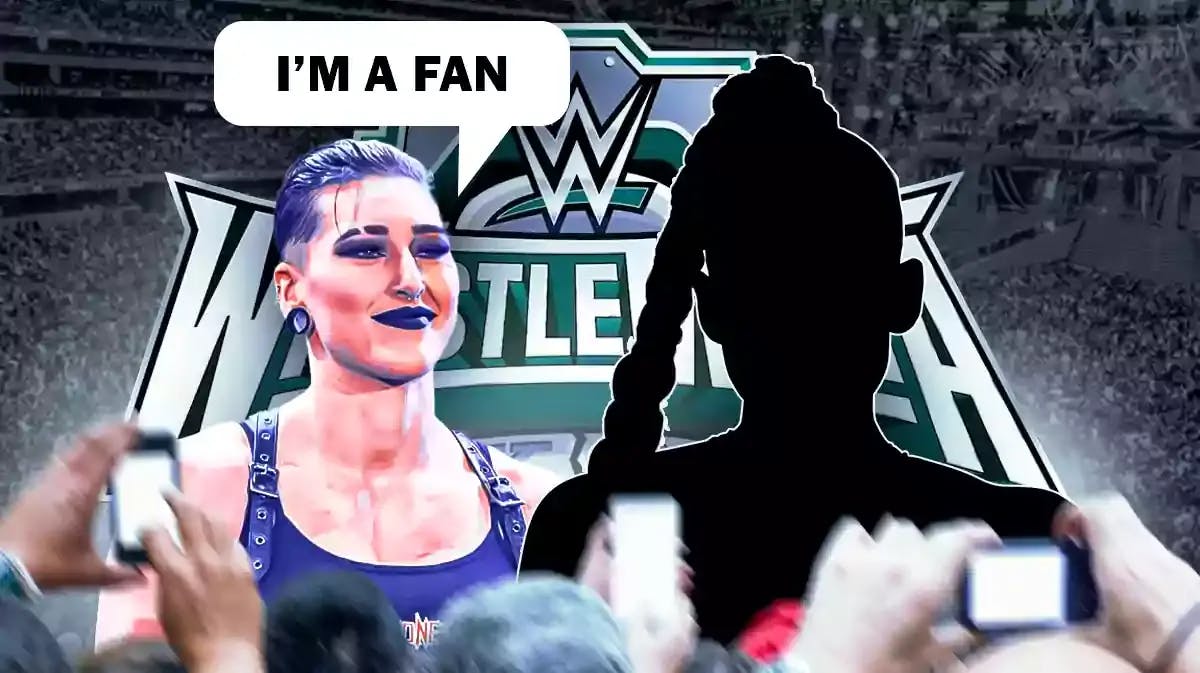 Rhea Ripley with a text bubble reading “I’m a fan” next to the blacked-out silhouette of Bianca Belair with the WrestleMania 40 logo as the background.