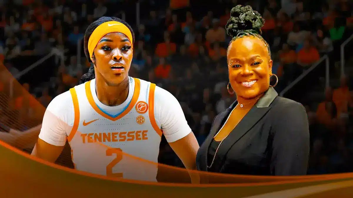 Rickea Jackson opposite Sheryl Swoopes with the Tennessee Volunteers arena in the background