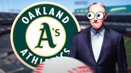 Rob Manfred eyes popping out looking at the Oakland Athletics' logo.