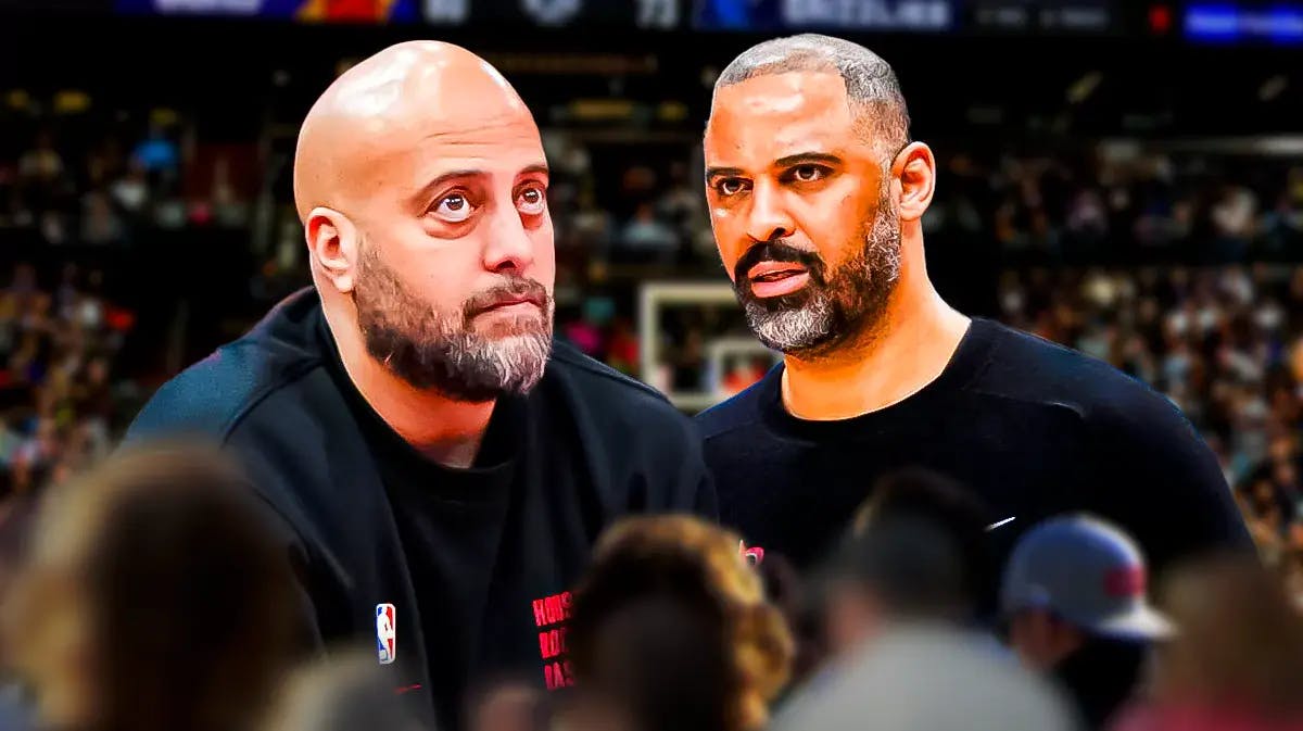 Rockets' Rafael Stone and Ime Udoka in the middle, looking pensive