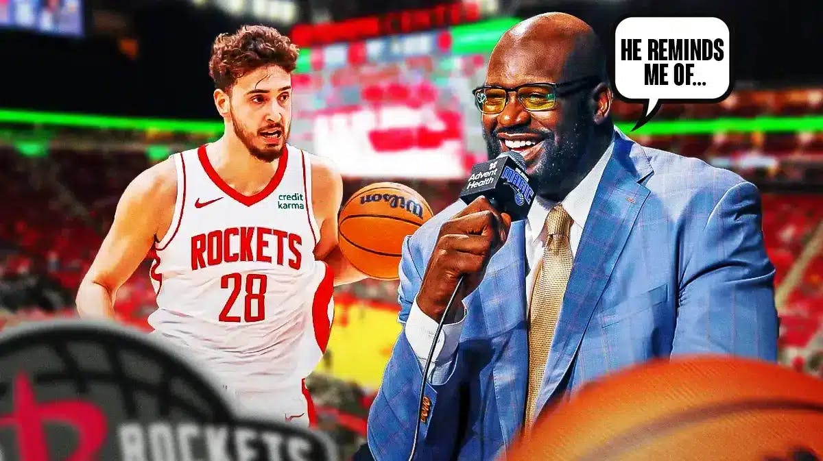 Alperen Sengun (Rockets) with a basketball in his hand. Shaquille O’Neal in a suit next to him with a caption bubble saying “He reminds me of…”