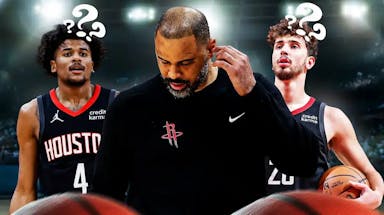 Ime Udoka in the middle looking sad and down. Alperen Sengun and Jalen Green in the background with several question marks above their heads