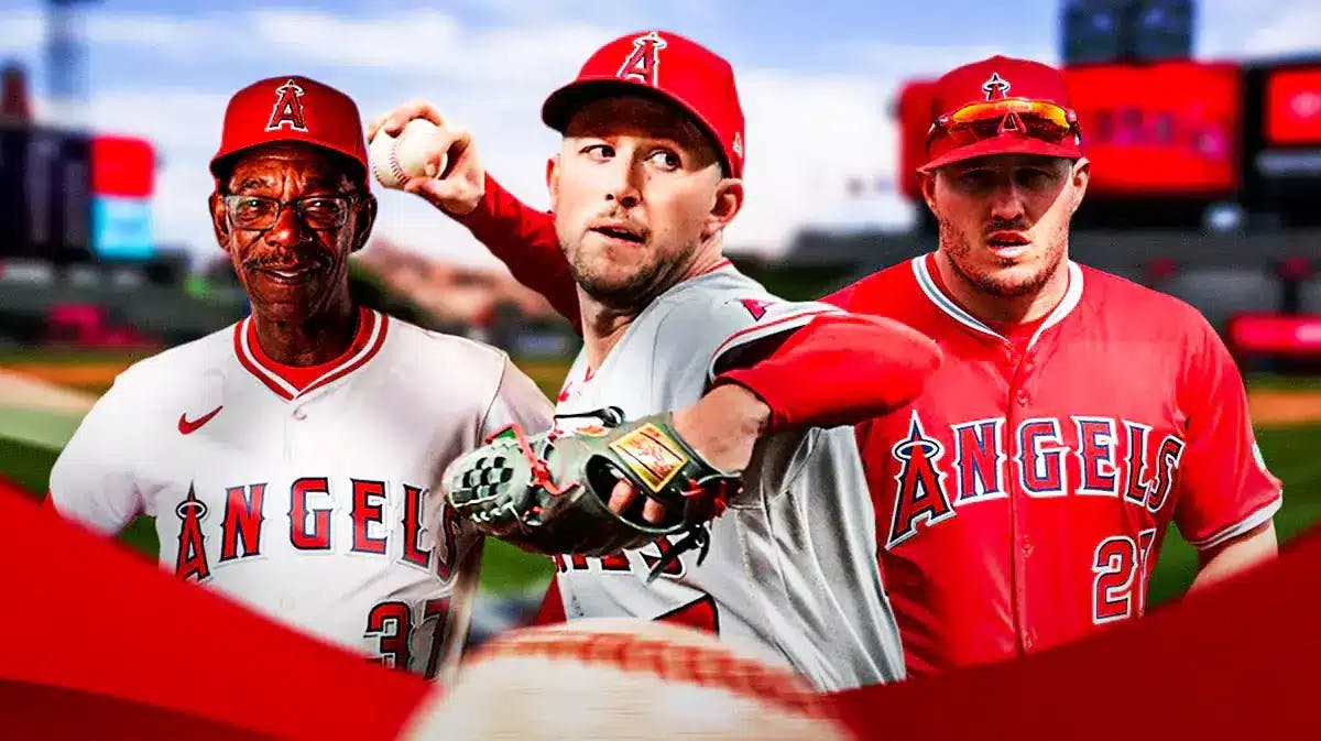 Angels' Griffin Canning pitching a baseball in middle. Angels' Ron Washington on left, Angels' Mike Trout on right.