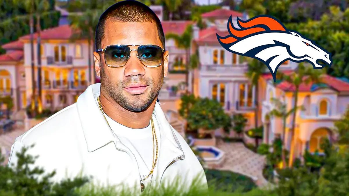 Russell Wilson next to a Broncos logo and a giant mansion