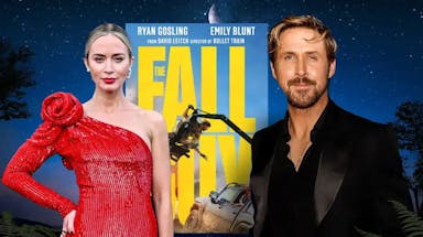 Emily Blunt and Ryan Gosling; The Fall Guy poster in the middle