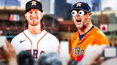 Astros' Ryan Pressly eyes popping out looking at Astros' Josh Hader. Minute Maid Park background.