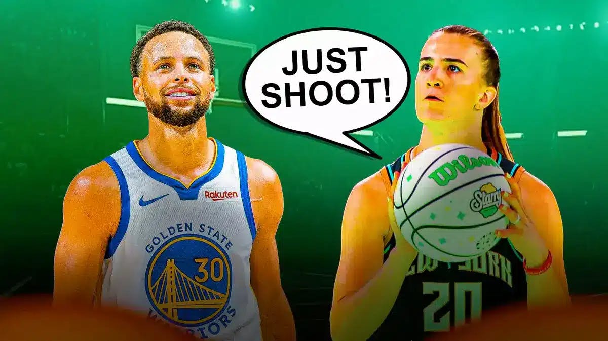 Photo: Sabrina Ionescu in Liberty jersey shooting saying “Just SHOOT!”, Steph Curry smiling beside her