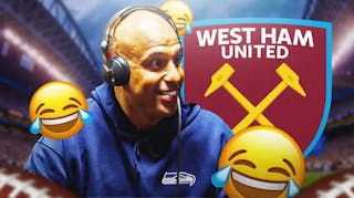 Aden Durde in Seahawks gear with West Ham United logo from the English Premier League next to him and laughing emojis around